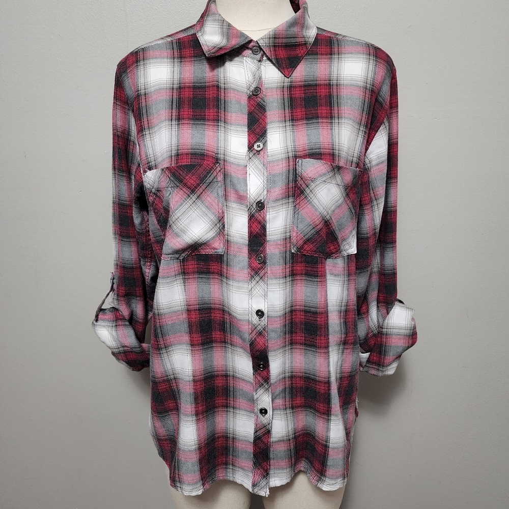 Adam Levine Collection pink & gray plaid roll tab button down size medium